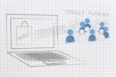 segmentasyon pazarlama ve kavramsal illüstrasyon hedefleme: bir bahar ve ürün üstünde belgili tanımlık perde dışarı haşhaş hedef kitle ile dizüstü bilgisayar