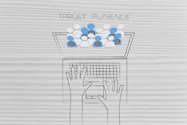 segmentasyon pazarlama ve kavramsal illüstrasyon hedefleme: ekranın dışarı haşhaş hedef kitle ile dizüstü bilgisayarda yazarak Kullanıcı