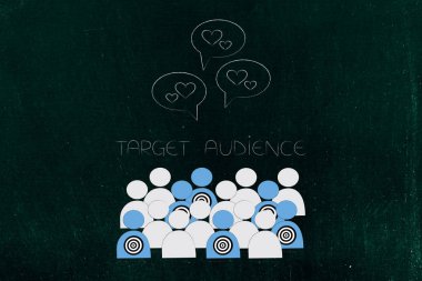 segmentasyon pazarlama ve kavramsal illüstrasyon hedefleme: hedef kitle kalabalığın arasında ve olumlu geribildirim yukarıdaki ile