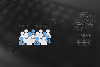 segmentasyon pazarlama ve kavramsal illüstrasyon hedefleme: hedef kitle bu olumlu geribildirim ile tam alışveriş sepeti yanındaki kalabalığın arasında