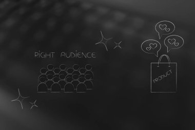 segmentasyon pazarlama ve kavramsal illüstrasyon hedefleme: doğru hedef kitleye ürün alışveriş çantası ile olumlu geribildirim yukarıdaki yanındaki