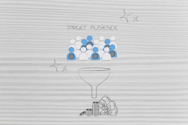 segmentasyon pazarlama ve kavramsal illüstrasyon hedefleme: hedef kitle nakit ve kar ile sonuçlanan bir kalabalığın arasında filtreleme huni