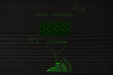 segmentasyon pazarlama ve kavramsal illüstrasyon hedefleme: nakit ve kar sonuçlanan doğru hedef kitleye filtreleme huni