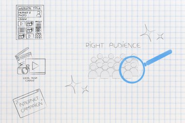 segmentasyon pazarlama ve kavramsal illüstrasyon hedefleme: dijital contant yanındaki büyüteç doğru hedef kitleye analiz