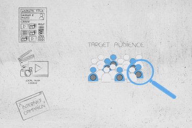 segmentasyon pazarlama ve kavramsal illüstrasyon hedefleme: dijital contant yanındaki büyüteç analizi, mühendislerimizin hedef kitleye bir kalabalığın arasında