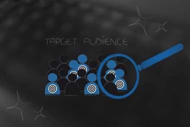 segmentasyon pazarlama ve kavramsal illüstrasyon hedefleme: Büyüteç hedef kitleye bir kalabalığın arasında analiz