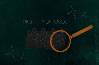 segmentasyon pazarlama ve kavramsal illüstrasyon hedefleme: Büyüteç sparkles ile doğru hedef kitleye analiz