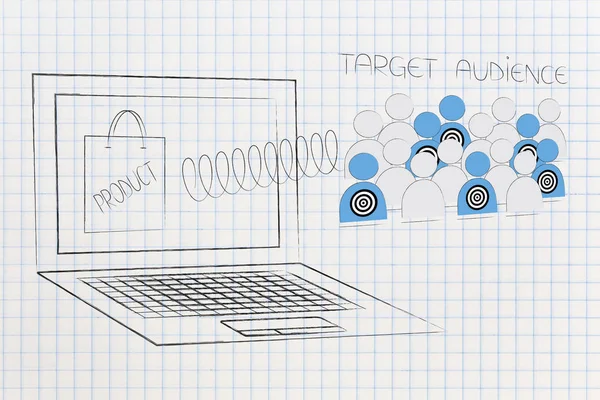 segmentasyon pazarlama ve kavramsal illüstrasyon hedefleme: bir bahar ve ürün üstünde belgili tanımlık perde dışarı haşhaş hedef kitle ile dizüstü bilgisayar