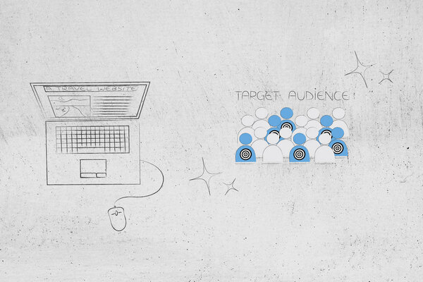 сегментация маркетинга и нацеливание на концептуальную иллюстрацию: ноутбук с веб-сайтом на экране и иконка целевой аудитории с бликами рядом с ним
