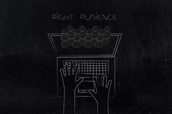 segmentasyon pazarlama ve kavramsal illüstrasyon hedefleme: ekranın dışarı haşhaş doğru hedef kitleye ile dizüstü bilgisayarda yazarak Kullanıcı