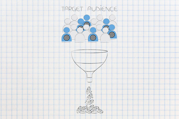 сегментация маркетинга и нацеливание на концептуальную иллюстрацию: фильтрация воронок целевой аудитории среди толпы для получения прибыли
