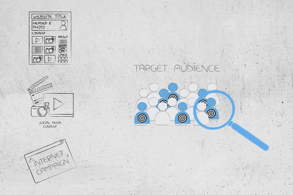 segmentasyon pazarlama ve kavramsal illüstrasyon hedefleme: dijital contant yanındaki büyüteç analizi, mühendislerimizin hedef kitleye bir kalabalığın arasında