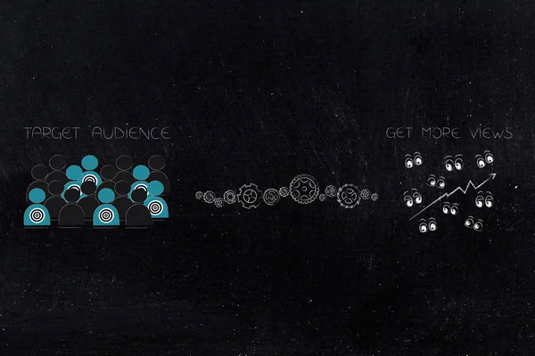 segmentasyon pazarlama ve kavramsal illüstrasyon hedefleme: hedef kitle gearwheel mekanizması ve sayısı kadar yanında bir kalabalığın arasında