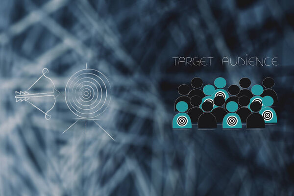 сегментация маркетинга и таргетинг концептуальной иллюстрации: цель и стрела рядом с целевой аудиторией среди толпы
