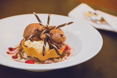 vanilya ve çikolata dondurma tatlı plaka üzerinde ahşap masa üzerinde