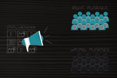 Pazarlama ve kavramsal illüstrasyon hedefleme: etkileyen mesajlar ve megafon hemen yanında ve seyirci yanlış