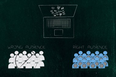 Pazarlama ve kavramsal illüstrasyon hedefleme: laptop ile durum yukarı ve çubuklu yanlış seyirci vs bir hedefleri olan sağ