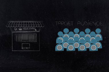 Sağdaki ulaşan müşteri kavramsal çizimi: hedef kitle ile laptop perde ile online alışveriş ve mağaza benzeri tenteler