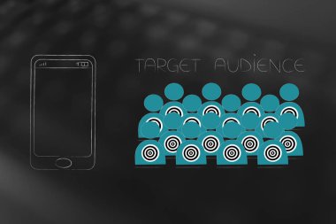 Sağdaki ulaşan müşteri kavramsal çizimi: hedef kitle smartphone ekranında boşaltmak ile yanındaki