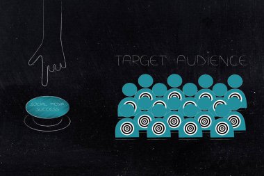 Sağdaki ulaşan müşteri kavramsal çizimi: hedef kitle sosyal medya başarı düğmesinin yanındaki ve bunu hiçe saymanız