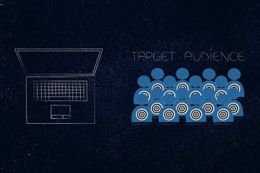 Sağdaki ulaşan müşteri kavramsal çizimi: hedef kitle ile boş perde ile boşaltmak dizüstü yanında
