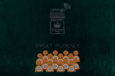 Sağdaki ulaşan müşteri kavramsal çizimi: smartphone telefon alışveriş app ve hedef kitleye aşağıda ile