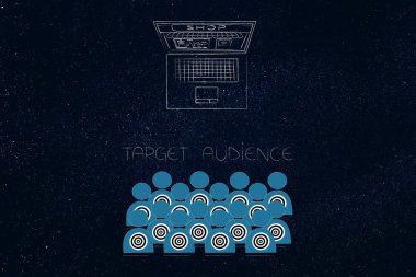 Sağdaki ulaşan müşteri kavramsal çizimi: hedef kitle ile laptop perde dükkanı reklam veya bu Web sitesi ile