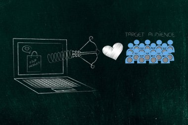 Sağdaki ulaşan müşteri kavramsal çizimi: bahar ve hedef kitleye simgesine aşk ile dizüstü bilgisayar ekranında Your ürün