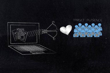 Sağdaki ulaşan müşteri kavramsal çizimi: bahar ve hedef kitleye simgesine aşk ile dizüstü bilgisayar ekranında iş planı stratejisi