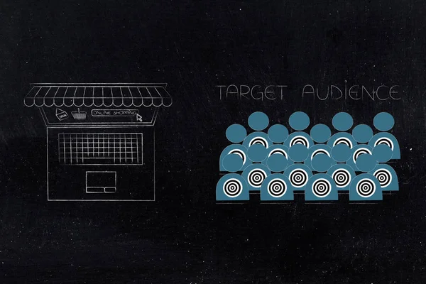 Sağdaki ulaşan müşteri kavramsal çizimi: hedef kitle ile laptop perde ile online alışveriş ve mağaza benzeri tenteler