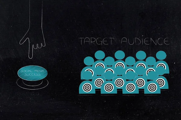 Sağdaki ulaşan müşteri kavramsal çizimi: hedef kitle sosyal medya başarı düğmesinin yanındaki ve bunu hiçe saymanız
