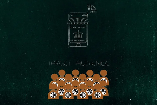 Sağdaki ulaşan müşteri kavramsal çizimi: smartphone telefon alışveriş app ve hedef kitleye aşağıda ile