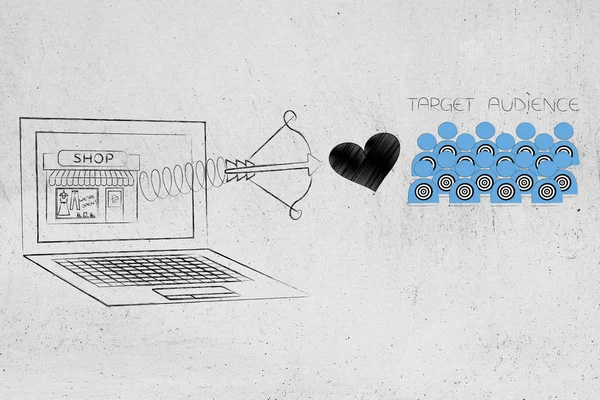 Sağdaki ulaşan müşteri kavramsal çizimi: bahar ve hedef kitleye simgesine aşk ile online alışveriş dizüstü bilgisayar ekranında