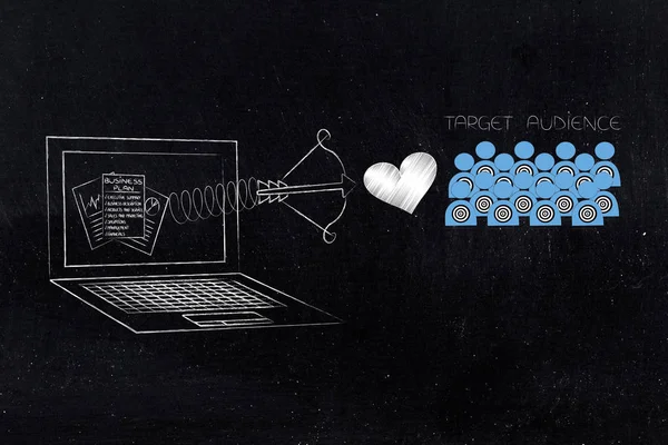 Sağdaki ulaşan müşteri kavramsal çizimi: bahar ve hedef kitleye simgesine aşk ile dizüstü bilgisayar ekranında iş planı stratejisi