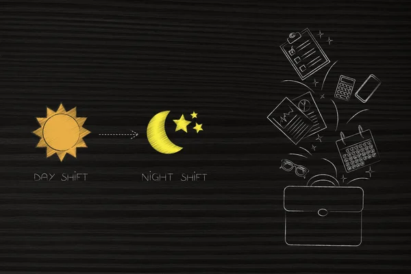 勤務概念図 太陽と飛び出すオブジェ付きオフィス バッグの横にある月と夜 つと日勤アイコン — ストック写真