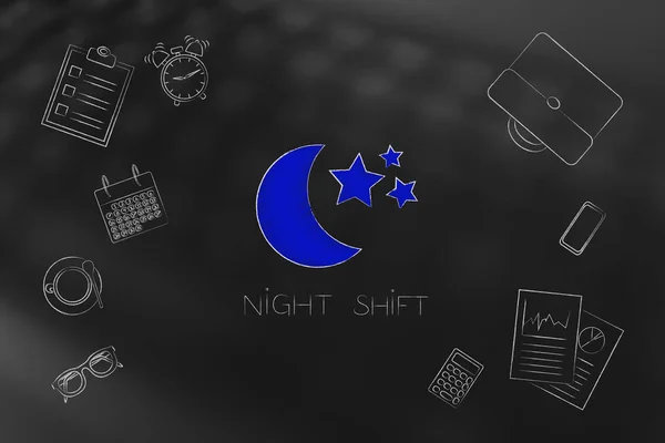 Working Night Shifts Conceptual Illustration Moon Icon Surrounded Mixed Business — Stock Photo, Image