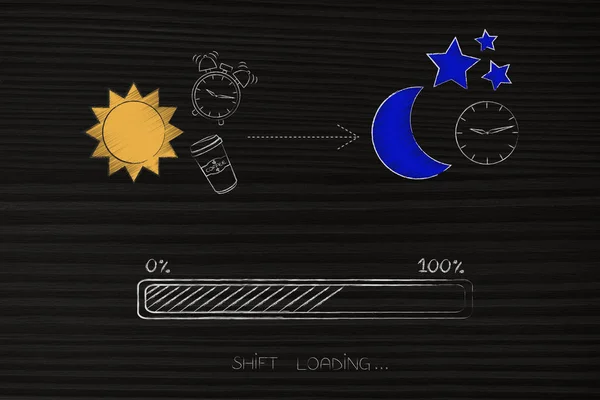 working shifts conceptual illustration: shift loading progress bar with sun and moon icons above