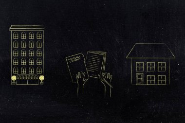 gençler ve kavramsal illüstrasyon konut: kınamak apartmanın vs detatched ev arasında sözleşme imzalama elle