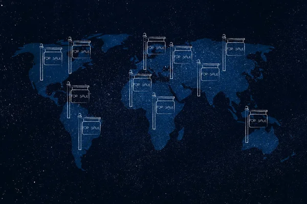 real estate market worldwide conceptual illustration: world map covered with For Sale panels