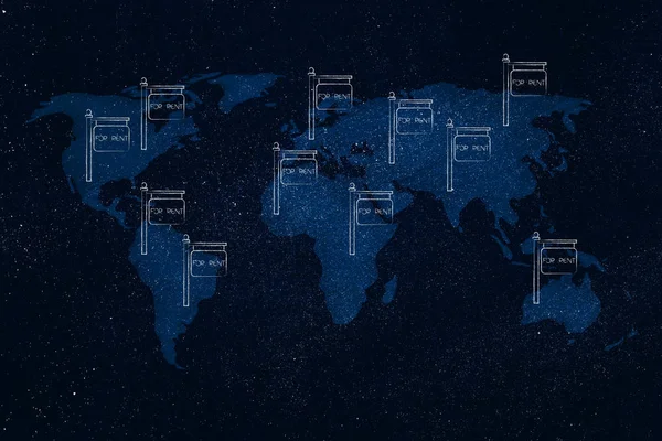 Gayrimenkul Piyasa Dünya Çapında Kavramsal Çizimi Dünya Harita Kiralık Panellerle — Stok fotoğraf