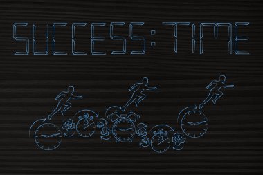 zaman ve gol kavramsal çizimi: başarı zaman yazısında dijital saat stili ve onlara koşan adam saatlerle grupları