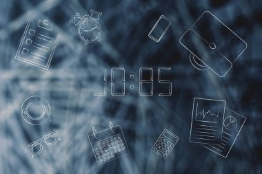kavramsal illüstrasyon iyi işler için zaman: dijital saat tarzı iş nesneleri tarafından çevrili metin