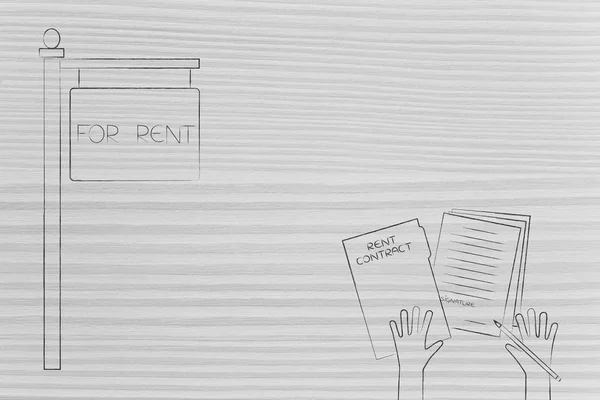 real estate market conceptual illustration: for rent panel next to hands about to sign rent contract