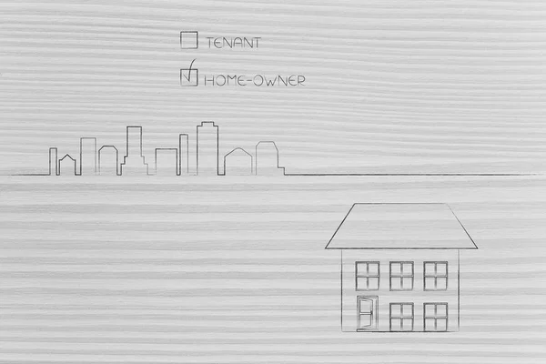 房地产市场概念例证 距离与城市天际线分离的房子和房主的选择勾起 — 图库照片