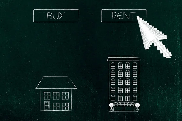 real estate market conceptual illustration: detached house to buy next to apartment building to rent mouse clicking on renting