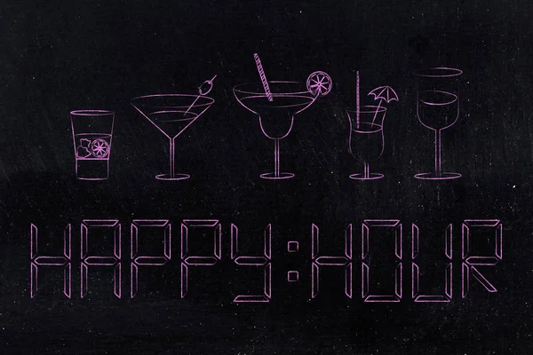 Happy Hour Konceptuell Illustration Text Digital Klocka Stil Med Gruppen — Stockfoto