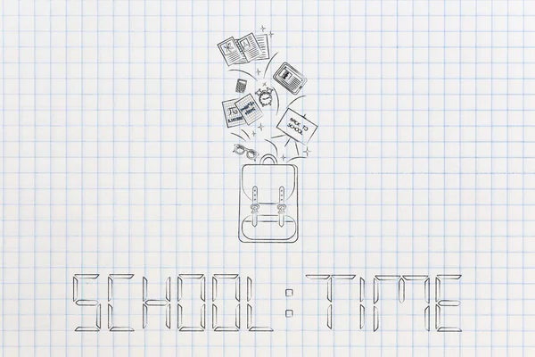 Okul Saat Kavramsal Çizimi Metin Okul Sırt Çantası Kırtasiye Dışarı — Stok fotoğraf