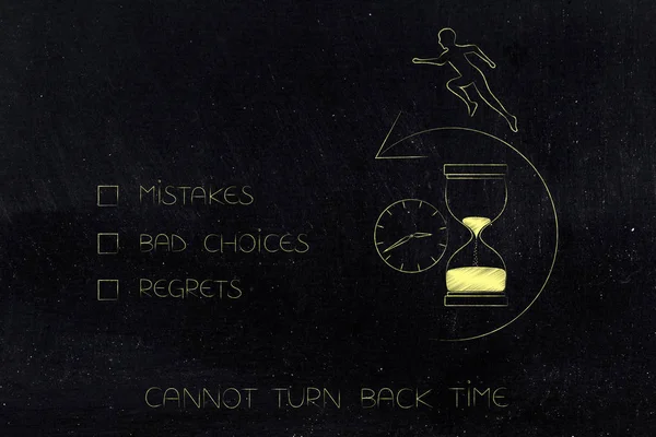 cannot turn back time conceptual illustration: mistakes bad choices and regrets cases next to icon with man running backwards on time with hourglass next to clock and arrow