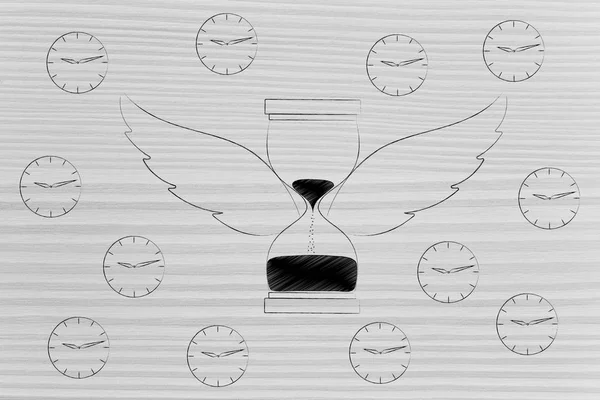 Time Flies Conceptual Illustration Houglass Wings Surrounded Clocks — Stock Photo, Image