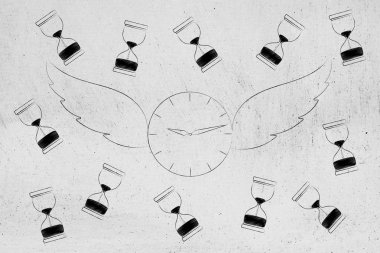 zaman uçar kavramsal çizimi: Saat hourglasses tarafından çevrili kanatlı